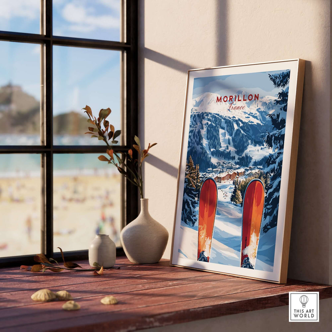 Ski print of Morillon, France, showcasing the breathtaking French Alps landscape and ski gear.