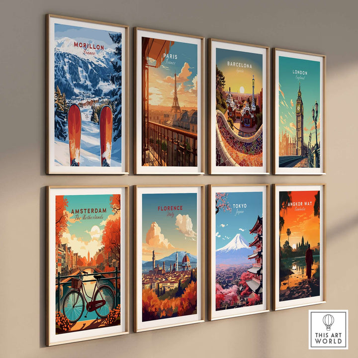 Collection of travel prints including Morillon, Paris, Barcelona, and more, showcasing iconic landscapes and landmarks.