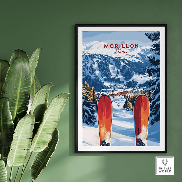 Ski Print of Morillon, France showcasing snow-covered mountains and ski gear against a green wall backdrop.