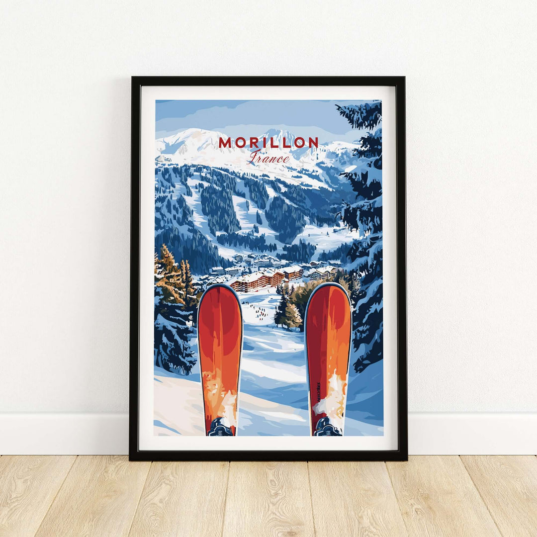 Ski print of Morillon, France showcasing snowy mountains and ski equipment, perfect for winter sports enthusiasts.