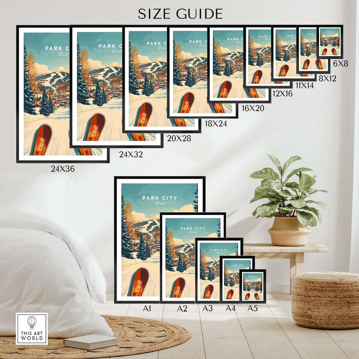 Size guide for Ski Print Park City Utah Winter Sports poster, showcasing various frame sizes and vibrant design options.