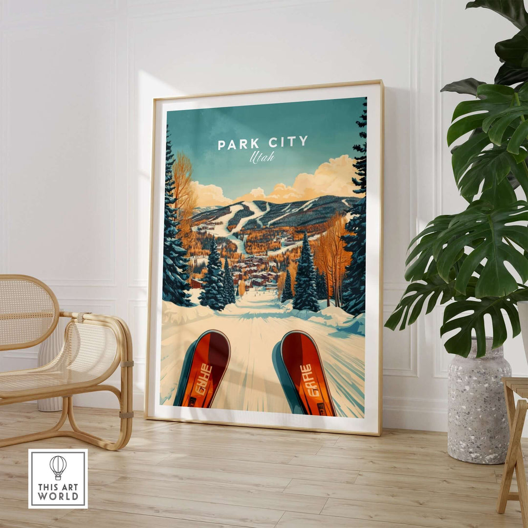 Ski print poster of Park City, Utah, showcasing vibrant colors and winter sports theme for home decor.