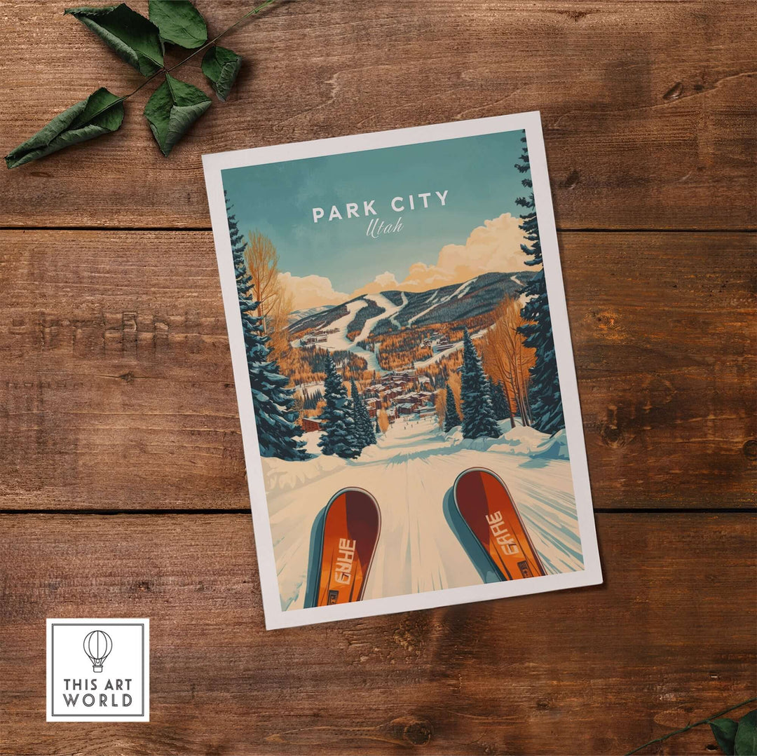 Vintage skiing poster featuring Park City, Utah, showcasing vibrant slopes and winter scenery. Perfect for winter sports enthusiasts.