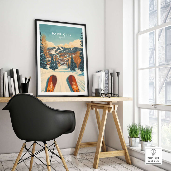 Ski Print poster of Park City Utah displayed in a modern home office setting, capturing winter sports excitement.