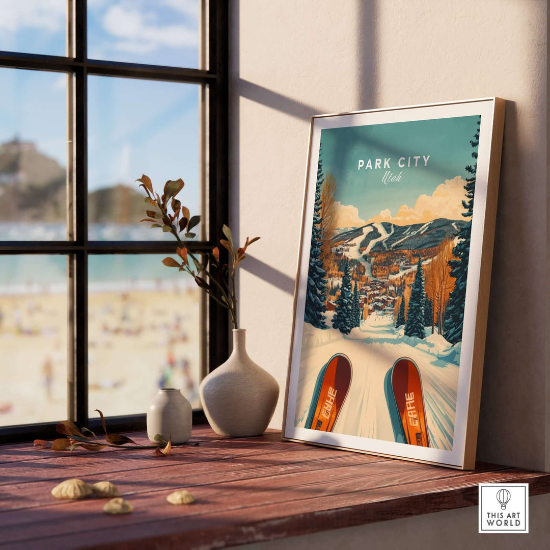 Ski print of Park City, Utah showcasing winter sports in a vibrant frame on a sunlit windowsill.