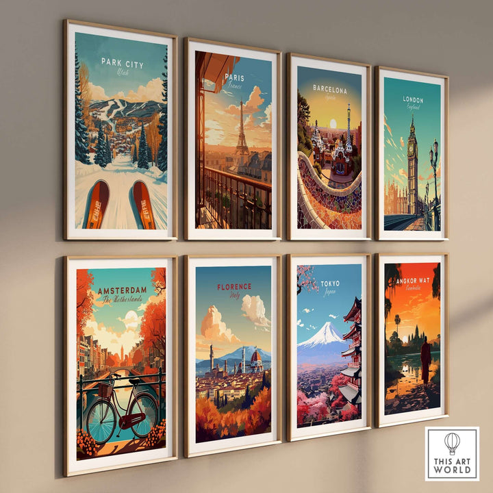 Colorful travel posters featuring Park City, Paris, Barcelona, London, Amsterdam, Florence, Tokyo, and Angkor Wat on display.