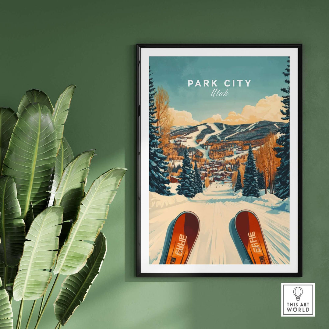 Vintage ski print of Park City, Utah featuring vibrant slopes and winter sports, perfect for home decor.