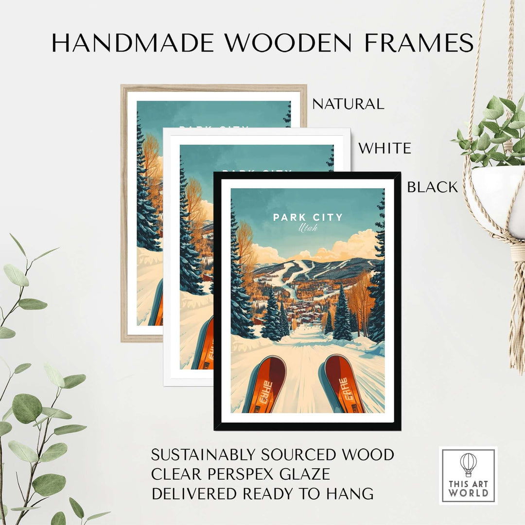 Three handmade wooden frames in natural, white, and black, showcasing a Park City winter sports poster.