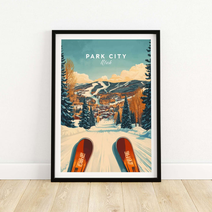 Vintage ski print of Park City, Utah, showcasing snowy slopes and vibrant colors for winter sports enthusiasts.