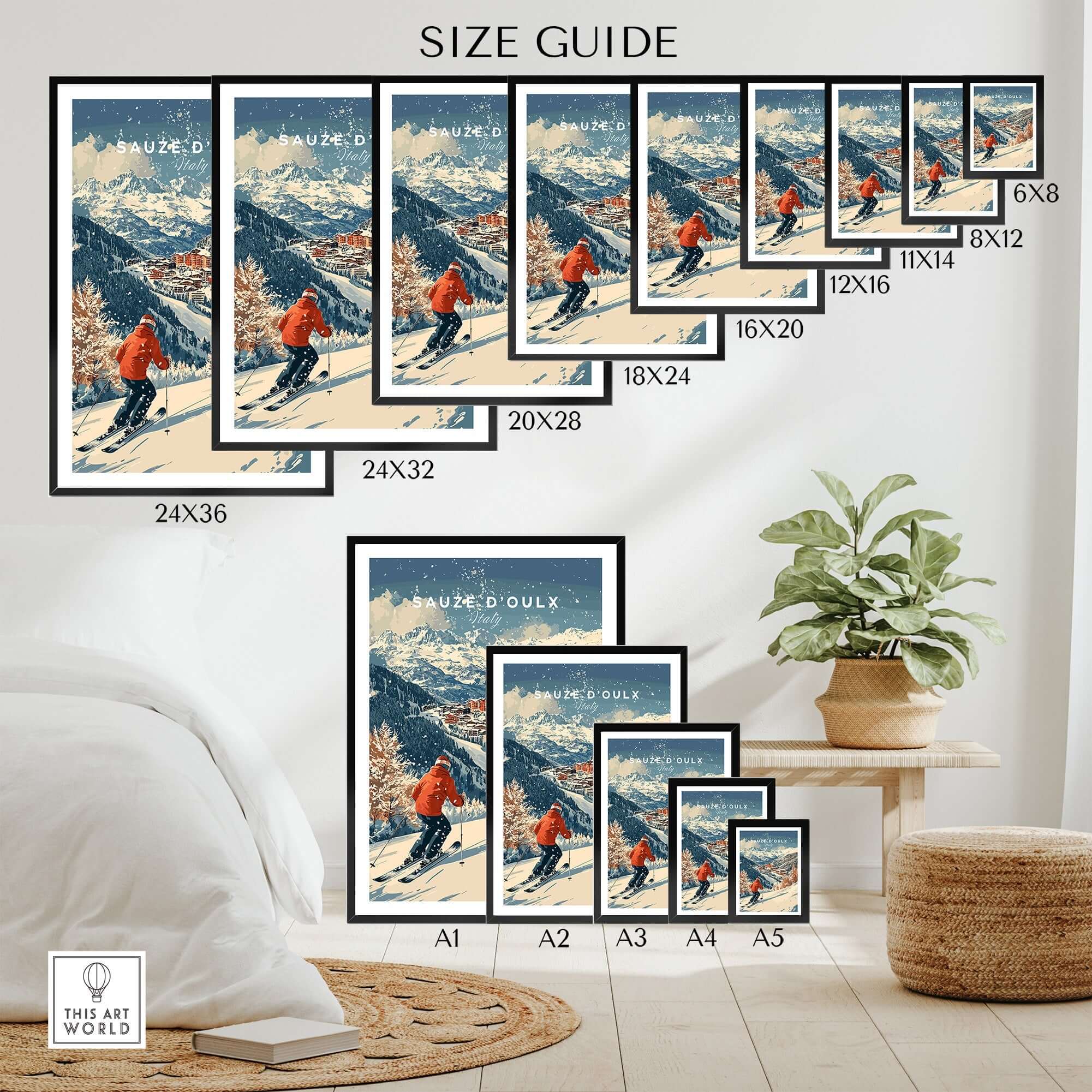 Size guide for Ski Print Sauze d'Oulx Italy artwork displayed in various frame sizes on a cozy interior setting.