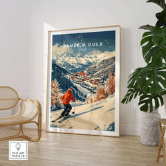 Ski print of Sauze d'Oulx, Italy, showcasing snowy slopes and mountain views, perfect for ski enthusiasts.