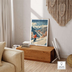 Ski print of Sauze d'Oulx, Italy showcasing snowy slopes and a cozy town, perfect for ski enthusiasts.