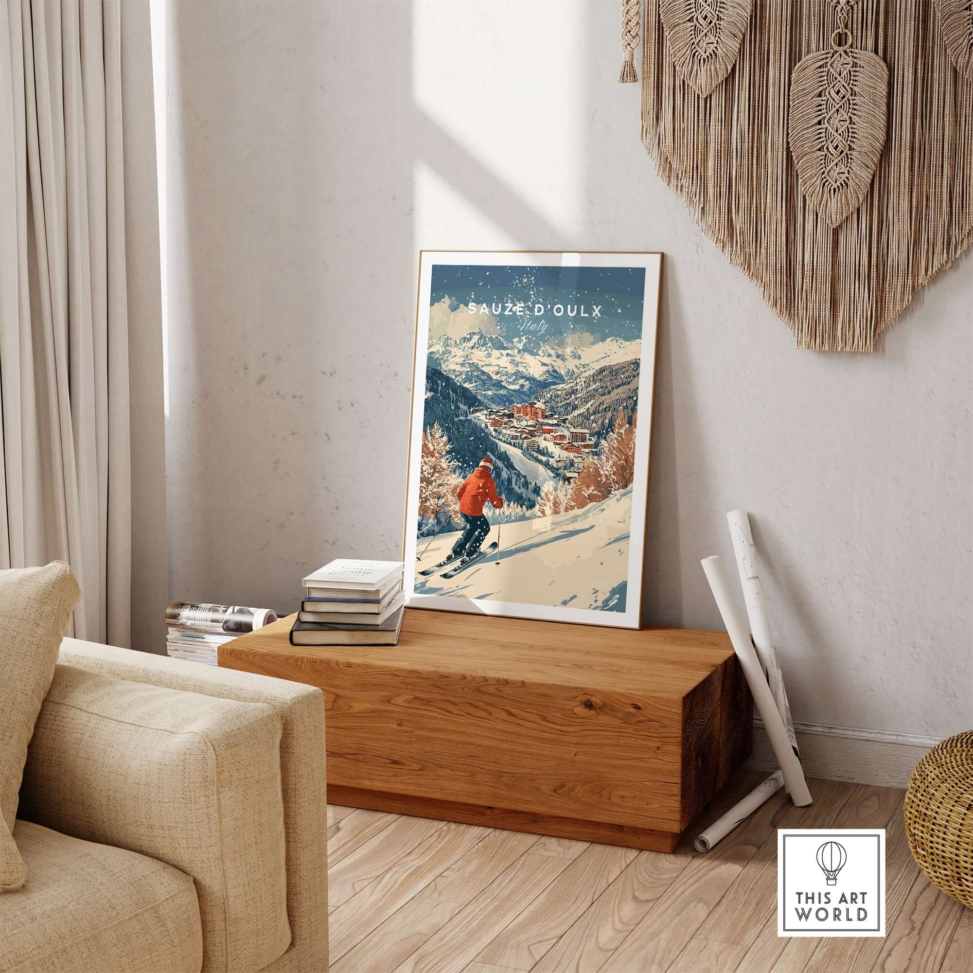 Ski print of Sauze d'Oulx, Italy showcasing snowy slopes and a cozy town, perfect for ski enthusiasts.