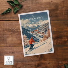Ski print of Sauze d'Oulx, Italy, featuring a skier against stunning mountain scenery and charming village backdrop.