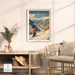 Vintage ski print of Sauze d'Oulx, Italy, showcasing snowy slopes and a picturesque mountain town scene. Perfect for ski enthusiasts.