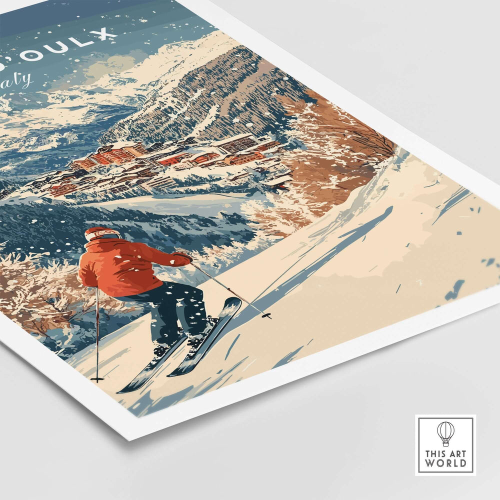 Ski print of Sauze d'Oulx, Italy, featuring a skier navigating the snowy slopes and picturesque alpine scenery.