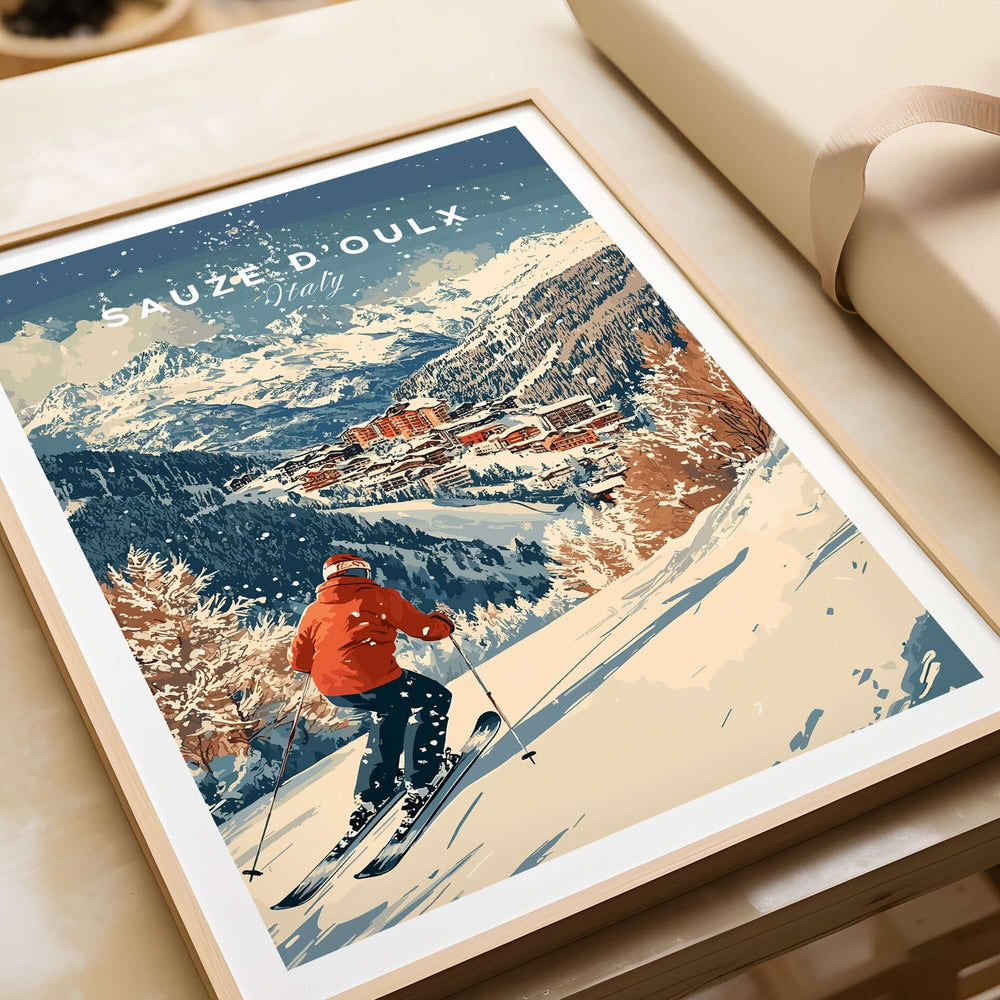 Ski print featuring Sauze d'Oulx, Italy, showcasing slopes and town in a vintage style, perfect for ski enthusiasts.