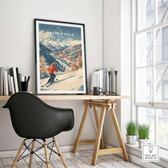 Ski print of Sauze d'Oulx, Italy, displayed in a stylish interior, perfect for ski enthusiasts.