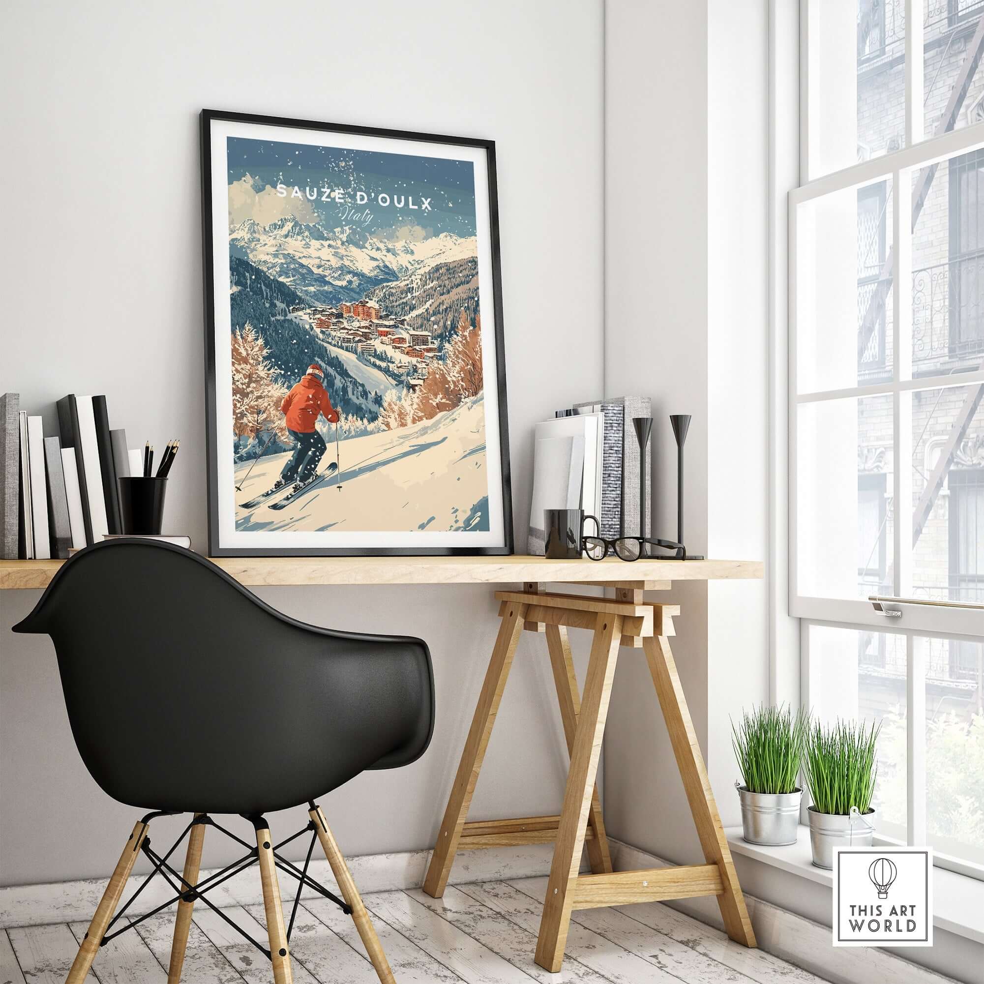 Ski print of Sauze d'Oulx, Italy, displayed in a stylish interior, perfect for ski enthusiasts.