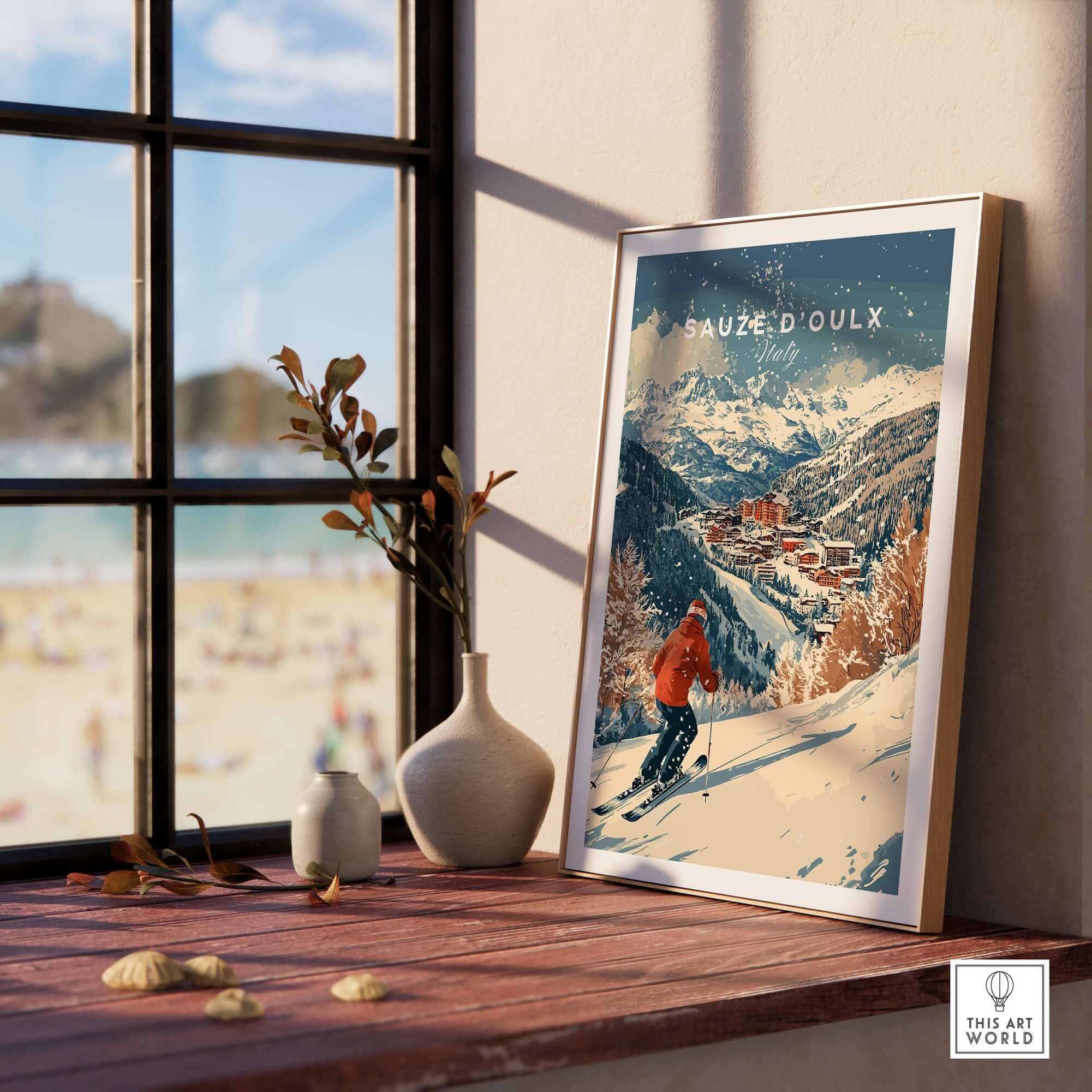 Ski print of Sauze d'Oulx, Italy, framed on a wooden table with a scenic mountain view, perfect for ski enthusiasts.