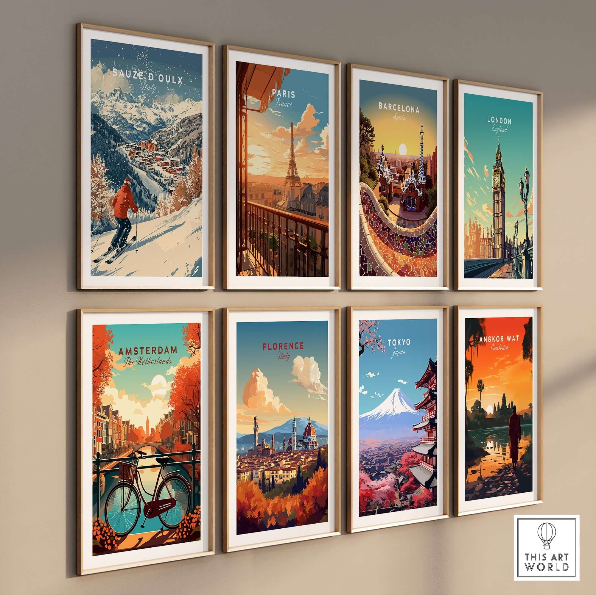 Ski print of Sauze d'Oulx, Italy, among colorful city-themed art prints on a gallery wall. Perfect for ski enthusiasts and travelers.