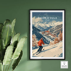 Ski print of Sauze d'Oulx, Italy, showcasing snowy slopes and the charming town, perfect for ski enthusiasts.