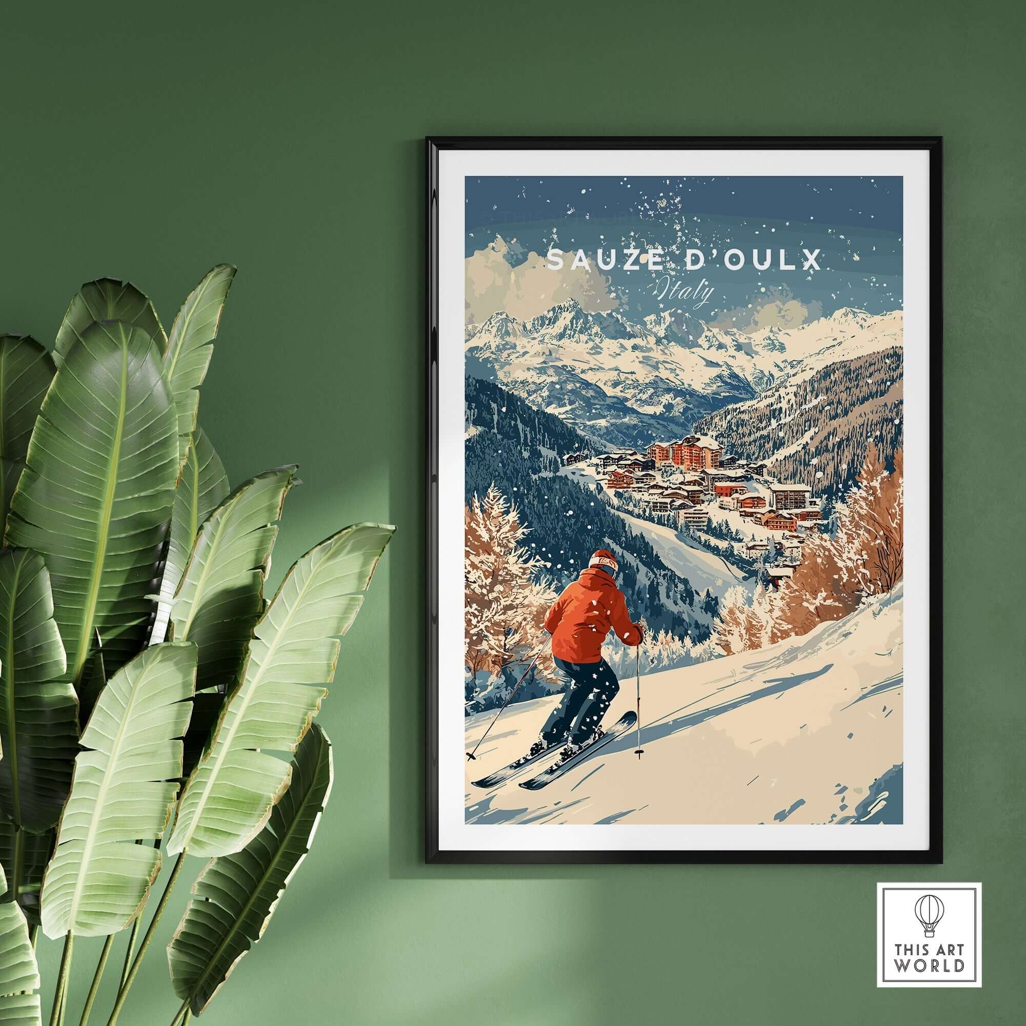 Ski print of Sauze d'Oulx, Italy, showcasing snowy slopes and the charming town, perfect for ski enthusiasts.