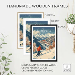 Handmade wooden frames in natural, white, and black for Ski Print Sauze d'Oulx, sustainably sourced and ready to hang.