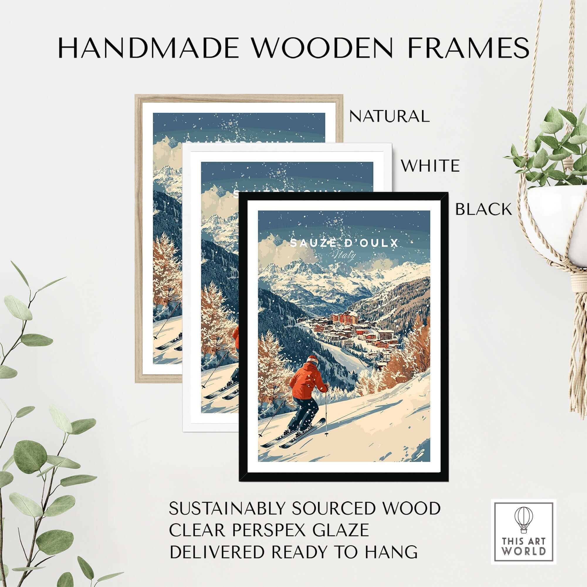 Handmade wooden frames in natural, white, and black for Ski Print Sauze d'Oulx, sustainably sourced and ready to hang.