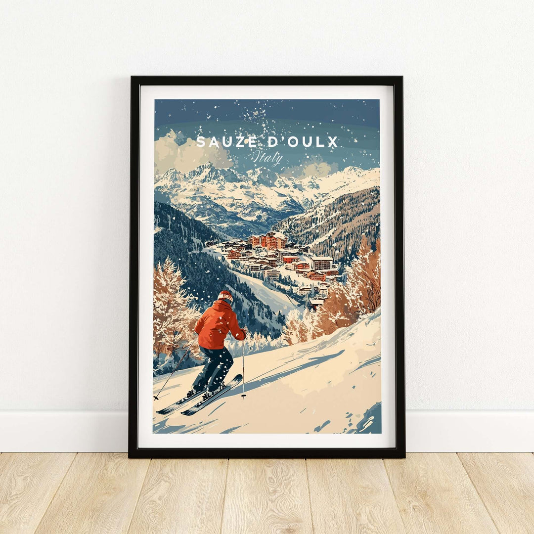 Vintage ski print of Sauze d'Oulx, Italy, featuring snowy slopes and a charming village backdrop. Perfect for ski enthusiasts.