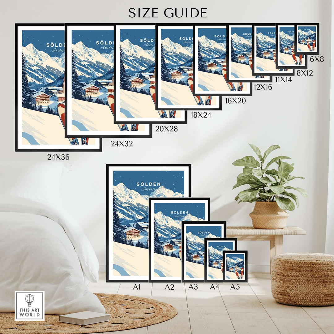 Size guide for Ski Print Sölden Austria showcasing various frame sizes and stunning mountain landscape.