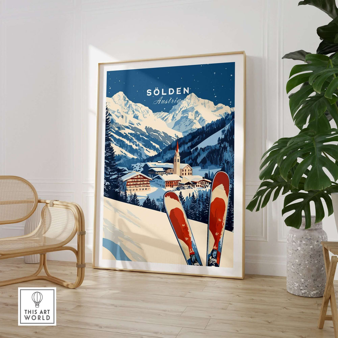 Sölden Austria ski print showcasing snowy mountains and ski gear, perfect for inspiring adventure in any home decor.