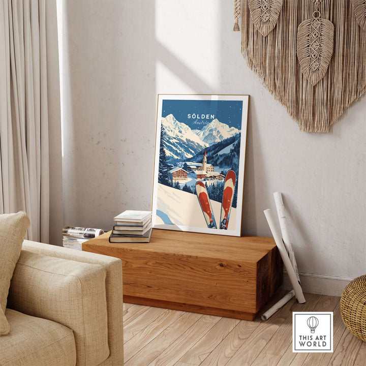 Ski print of Sölden, Austria displayed in a cozy living room, showcasing stunning mountain scenery and ski gear.