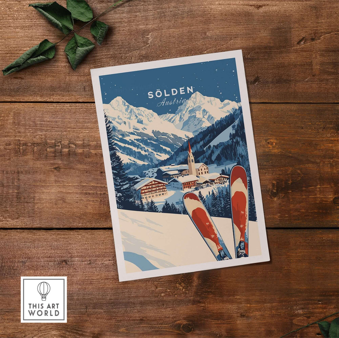 Ski print featuring Sölden, Austria, showcasing stunning mountains and ski gear on a wooden surface.