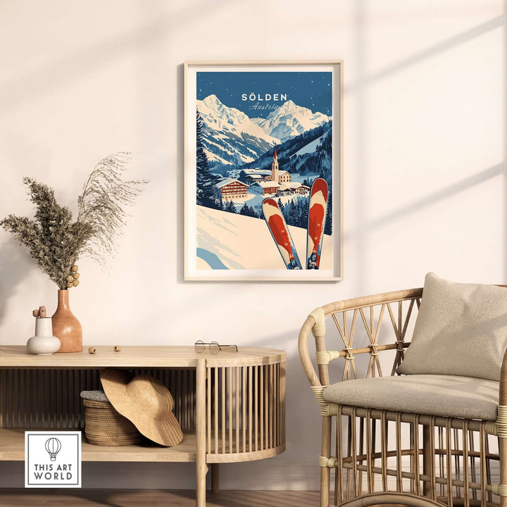 Ski print of Sölden, Austria, showcasing snow-capped mountains and vintage ski equipment in a cozy home setting.