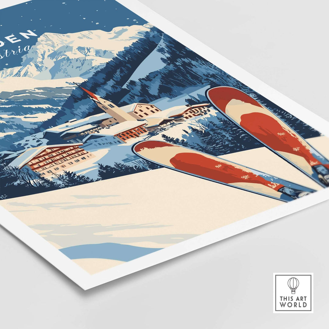 Ski print featuring the picturesque landscape of Sölden, Austria with snow-covered mountains and ski gear.