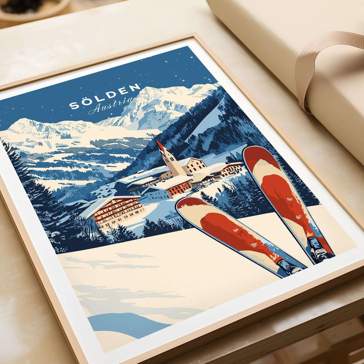 Ski print of Sölden, Austria featuring snowy mountains and vibrant skis, perfect for inspiring adventure at home.