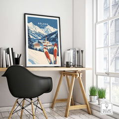 Ski print of Sölden, Austria showcased in a stylish home office setting with modern decor.