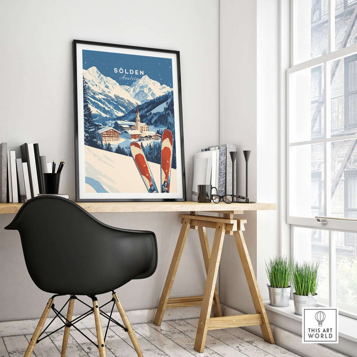 Ski print of Sölden, Austria showcased in a stylish home office setting with modern decor.