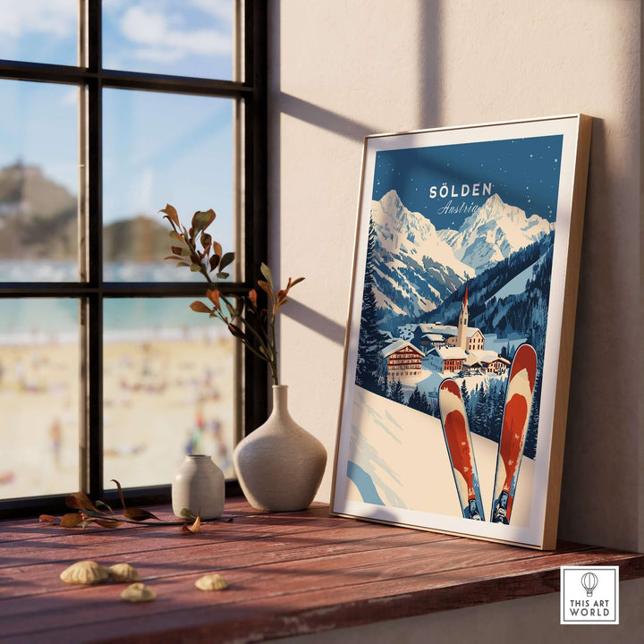 Ski print of Sölden, Austria, showcasing snowy mountains and red skis, perfect for inspiring adventure in any home.