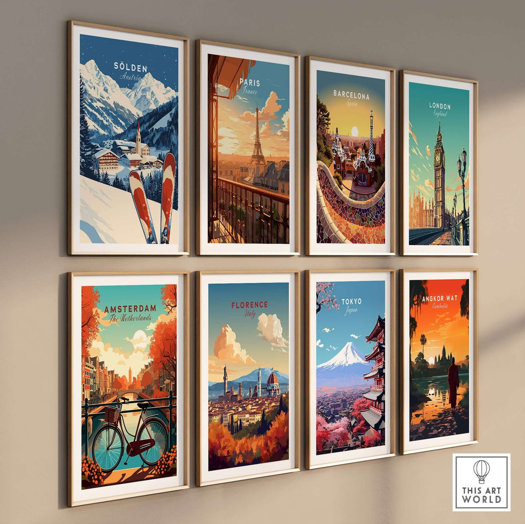 Gallery wall featuring travel prints of Sölden, Paris, Barcelona, London, Amsterdam, Florence, Tokyo, and Angkor Wat.