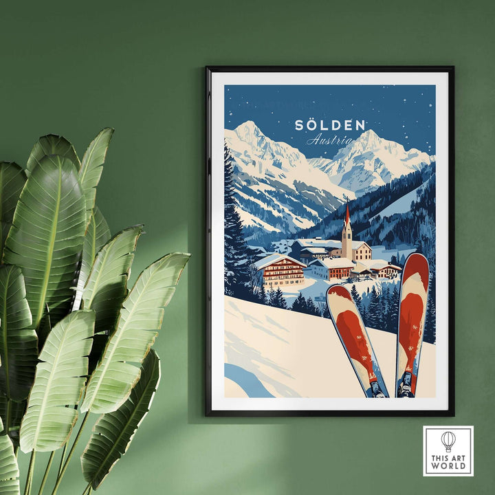 Ski Print of Sölden, Austria showcasing mountains and ski equipment, perfect for winter sports lovers.