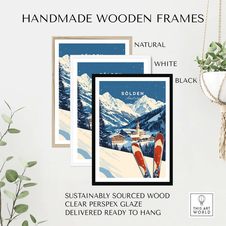 Handmade wooden frames for Ski Print Sölden Austria in natural, white, and black finishes, sustainably sourced and ready to hang.