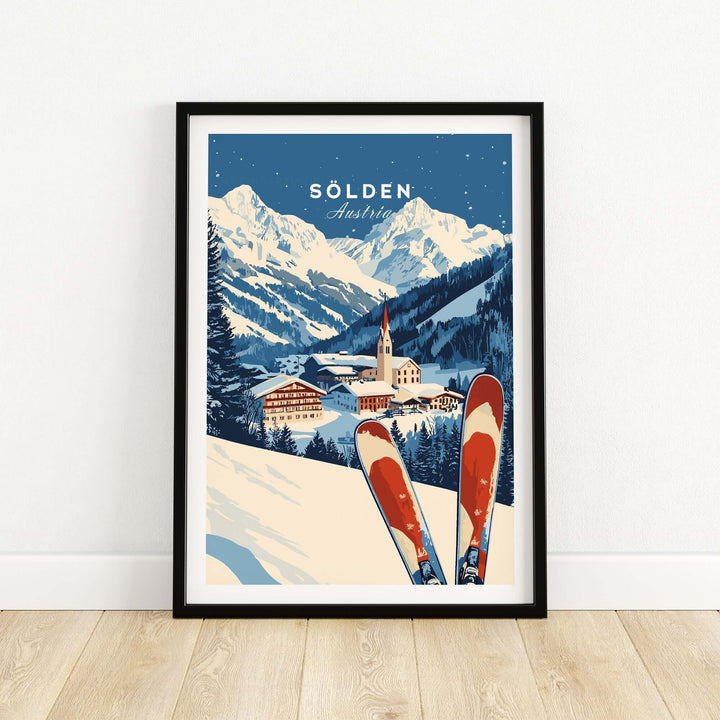 Ski print depicting Sölden, Austria's snowy landscape and iconic skis, perfect for ski enthusiasts' home decor.