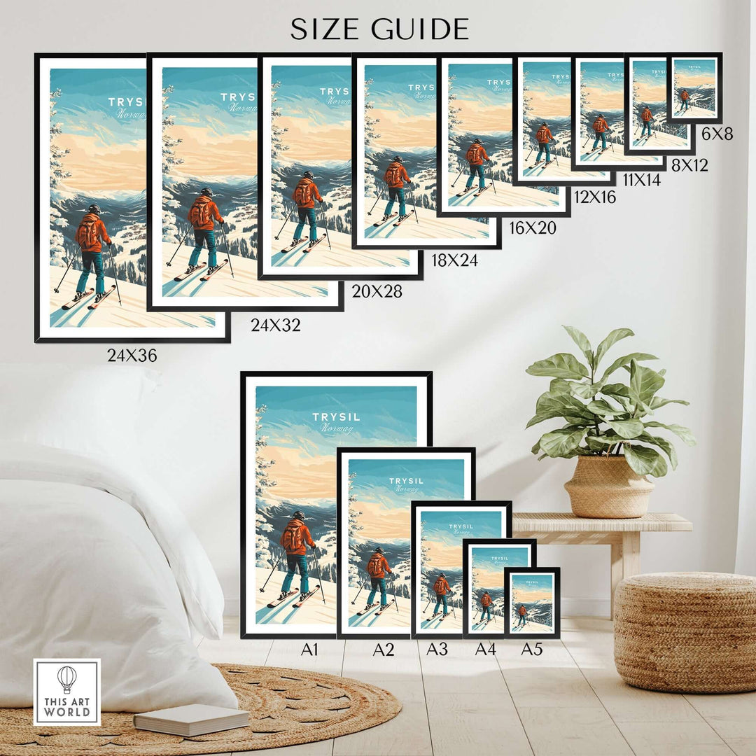 Size guide for Ski Print Trysil Norway, displaying various frame sizes and showcasing a skier in a snowy landscape.