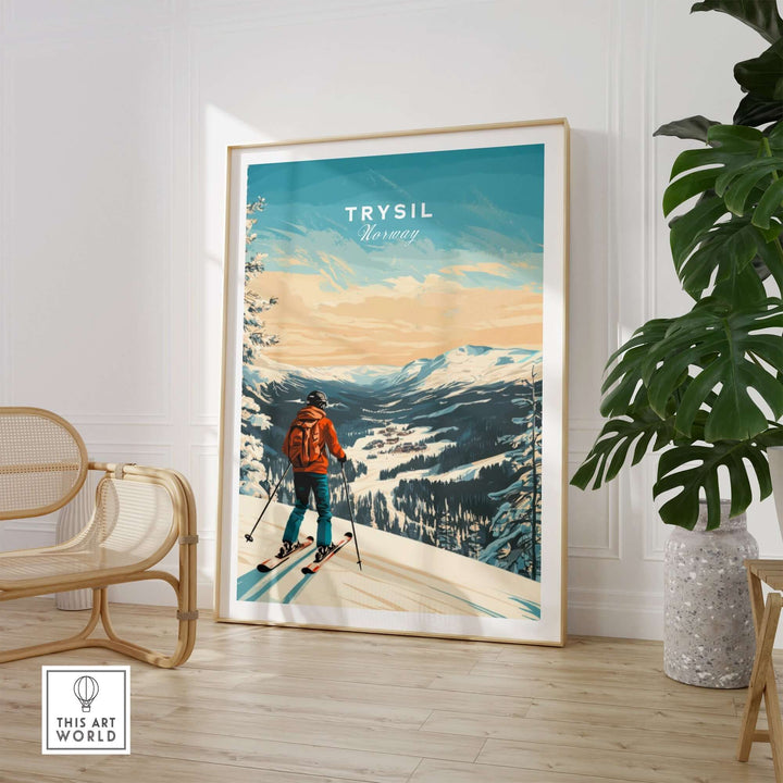 Ski print of Trysil, Norway featuring a skier overlooking picturesque mountains and slopes in a stylish interior setting.