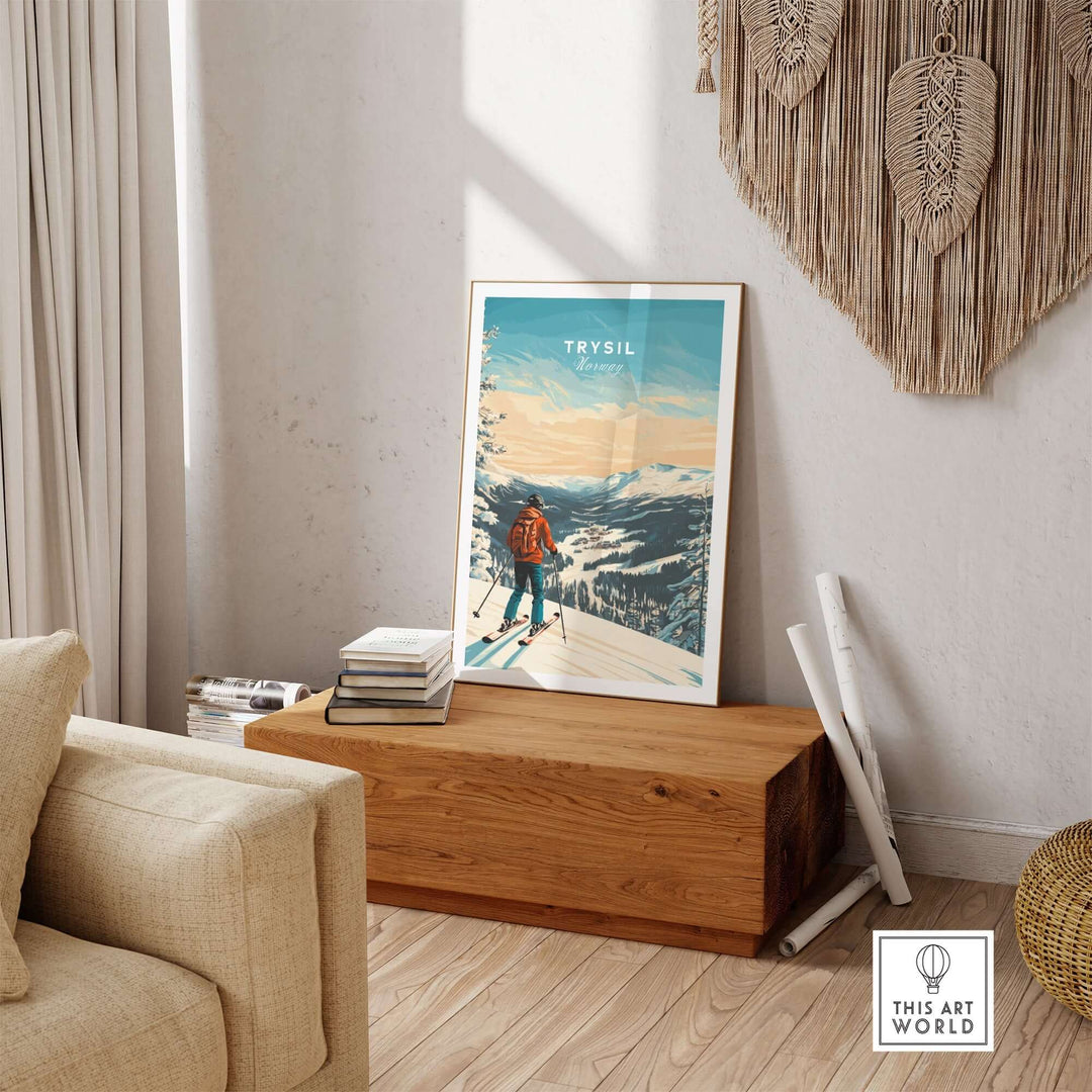 Ski print of Trysil, Norway displayed in a cozy living room, showcasing stunning mountain landscapes.