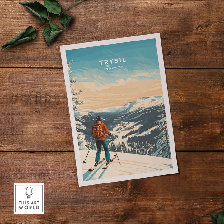 Ski print of Trysil, Norway, showcasing a skier on picturesque snowy slopes with mountains in the background.