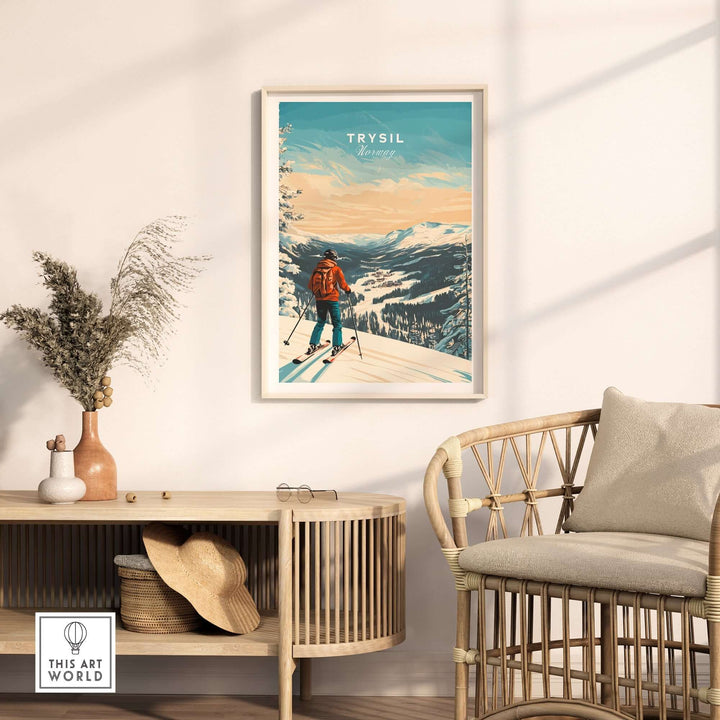 Ski print featuring a skier in Trysil, Norway, displayed in a cozy home setting. Perfect for winter sports enthusiasts.