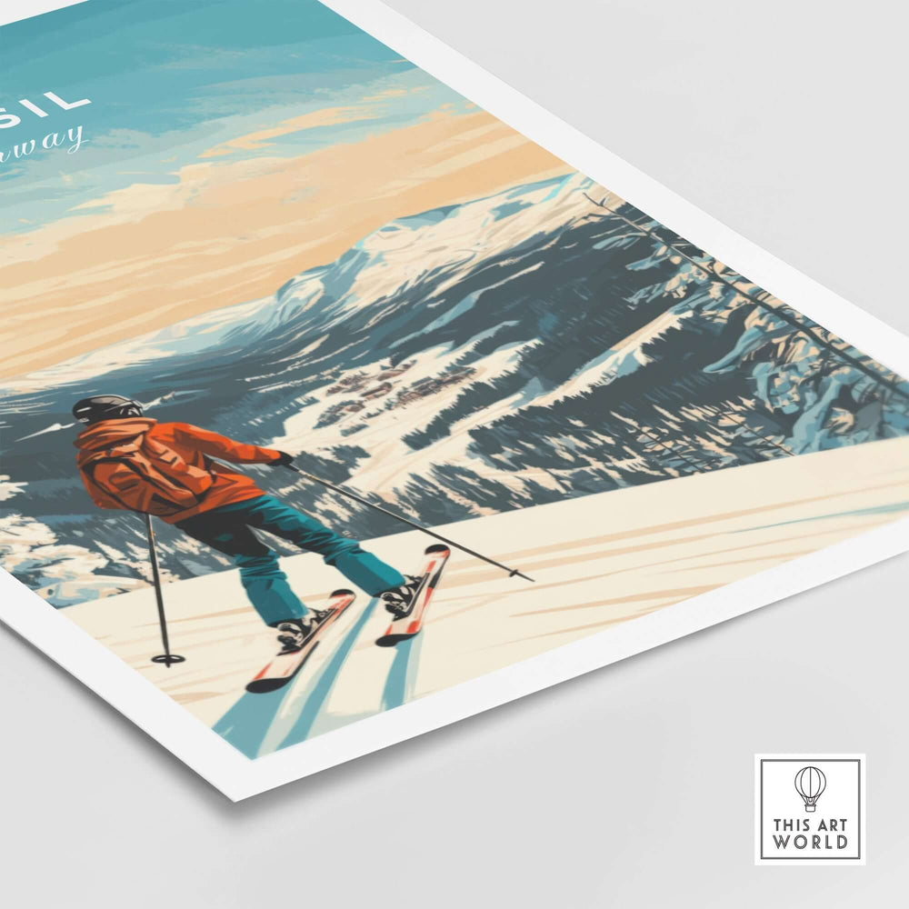 Ski print of Trysil, Norway featuring a skier on a snow-covered slope with majestic mountains in the background.